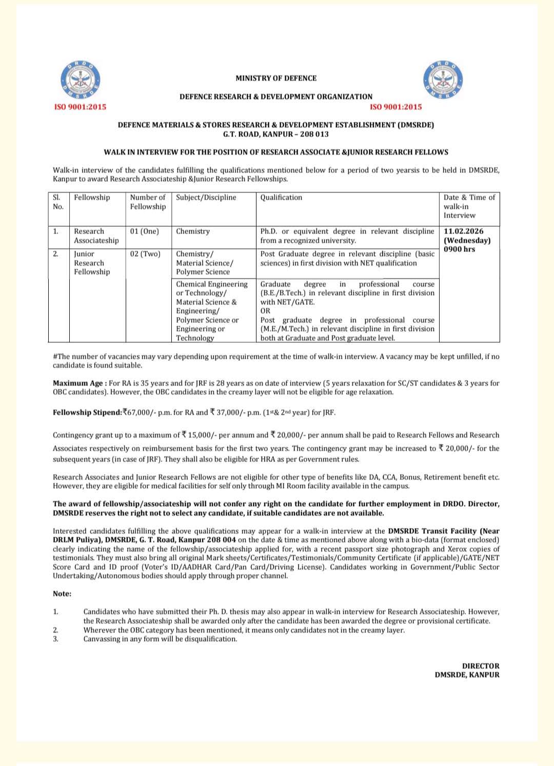 DRDO DMSRDE कानपुर भर्ती 2026: रिसर्च एसोसिएट और JRF के लिए वॉक-इन इंटरव्यू – पूरी जानकारी, योग्यता, स्टाइपेंड और आवेदन कैसे करें
