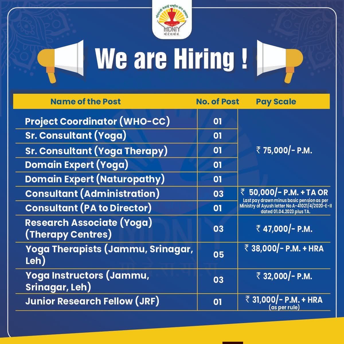 MDNIY Yoga Vacancy 2026 योग इंस्ट्रक्टर, योग थेरेपिस्ट, JRF व कंसल्टेंट पदों पर MDNIY भर्ती 2026। बिना परीक्षा चयन। सैलरी ₹75,000 तक। अभी देखें।