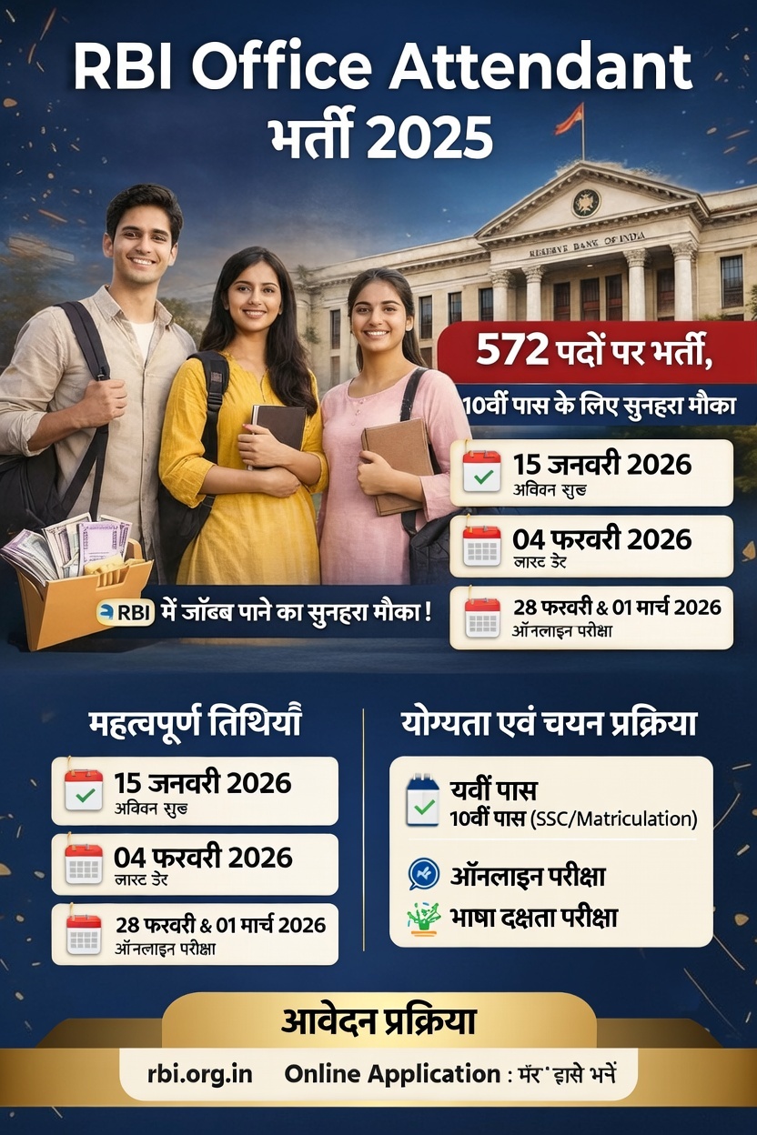 RBI Office Attendant Recruitment 2025: 572 पदों पर भर्ती, 10वीं पास के लिए सुनहरा मौका