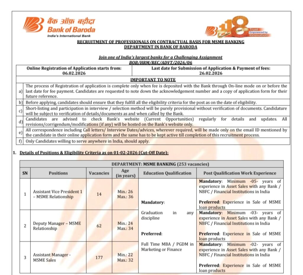 Bank of Baroda MSME Banking Recruitment 2026 के तहत कॉन्ट्रैक्ट आधार पर प्रोफेशनल्स की भर्ती। योग्यता, आयु सीमा, चयन प्रक्रिया और ऑनलाइन आवेदन की पूरी जानकारी यहाँ देखें।