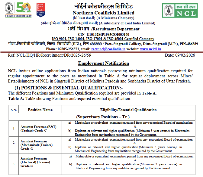 NCL Assistant Foreman Recruitment 2026 के तहत डिप्लोमा धारकों के लिए भर्ती निकली है। जानें आवेदन तिथि, आयु सीमा, चयन प्रक्रिया और सैलरी की पूरी जानकारी यहां।