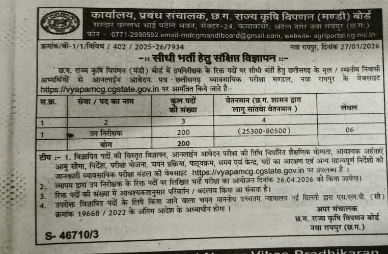 छत्तीसगढ़ मंडी उप निरीक्षक भर्ती 2026: पदों पर सीधी भर्ती, आवेदन शुरू